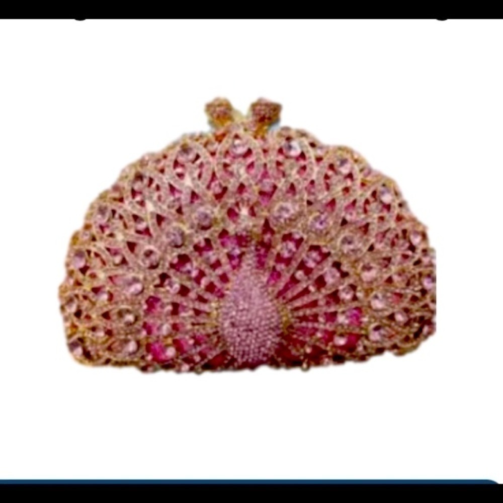 PEACOCK crystal diamonds clutch (pink) gold hardware. Luxury clutch.